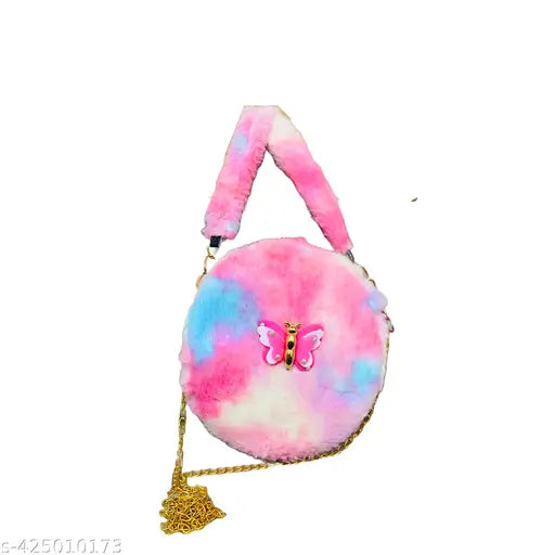 Pink and purple fur pouch handbag with gold zipper