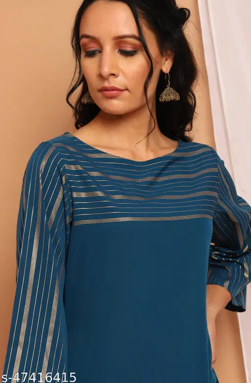 Teal poly crepe Kurta and Palazzo set, striped pattern for women's casual style, country of origin: India