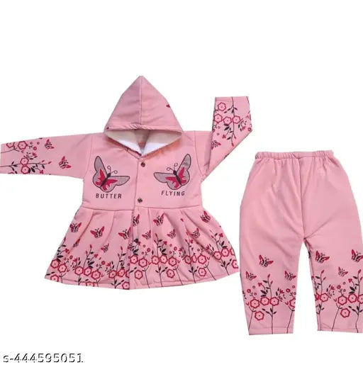 Printed cotton blend long-sleeved winter frock for baby girls, single piece, 0-12 months