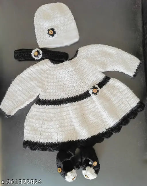 Handmade acrylic sleeveless baby girl frock with embellished net, cap, and booties - Indian traditional clothing for 0-6 months