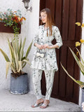 White premium satin 2pc set, women's shirt style coordinates with pyjama, printed combo, full inner, country of origin: India