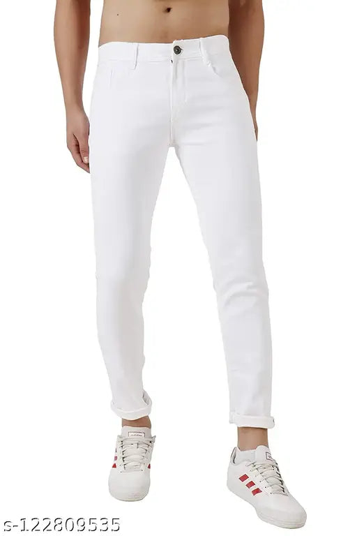 White denim slim fit jeans by FLETE FASHION. Machine washable mid-rise, zip & button closure, trendy full length men's jeans. Available sizes: 28x39", 30x39", 32x39". Made in India