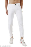 White denim slim-fit men's jeans by FLETE FASHION, machine washable for casual comfort. Mid-rise zip & button closure, available in sizes 28, 30, and 32