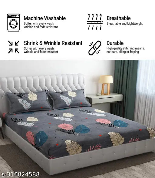 King Size Cotton Elastic Fitted bedsheets double, botanical print, 2 pillow covers - Laughing Buddha, superior Indian quality
