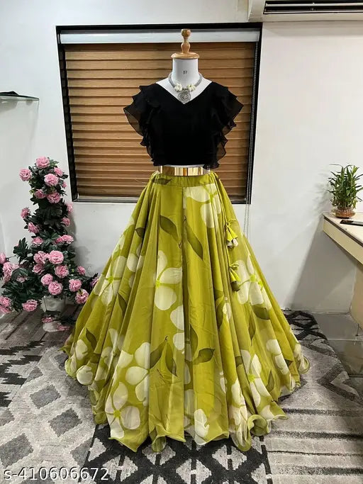 Georgette lehenga choli for kids, floral-printed organza dress set with elastic waist and three-quarter sleeves. Indian ethnic party wear for 3-8 year old girls." (124 characters)