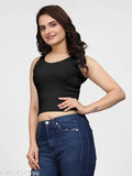 Black cotton blend cropped tank top, sleeveless rib knit with racer back and round neck, slim fit style