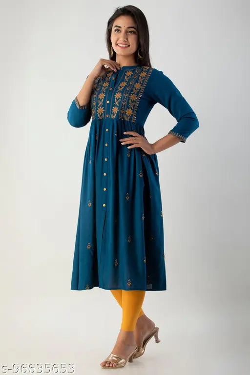 Embroidered rayon kurta with yellow bottom, traditional design