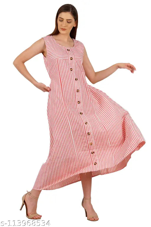 Women's cotton striped orange A-line sleeveless kurti