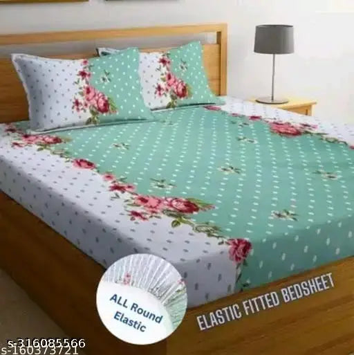 Glace Cotton Floral Print Queen Size Double Bed Elastic Fitted Sheet with 2 Pillow Covers, ideal for summer - breathable, moisture-wicking, and fast-drying