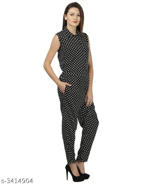 Black polka dot print crepe jumpsuit for women's casual western wear, XL size, made in India