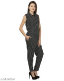 Black polka dot print crepe jumpsuit for women's casual western wear, XL size, made in India