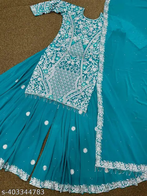 Embroidered net cotton silk kurta with sharara and dupatta, heavy fox georgette, fancy embroidery work, XL size (40in bust), India origin