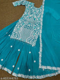 Embroidered net cotton silk kurta with sharara and dupatta, heavy fox georgette, fancy embroidery work, XL size (40in bust), India origin