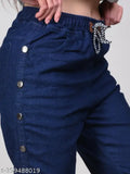 Dark blue stretchable premium denim side buttoned jogger jeans for women