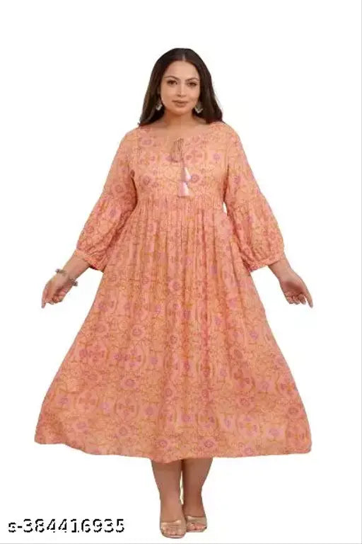 Beige rayon print gown, three-quarter sleeves, fashionable women's wedding and party attire from India