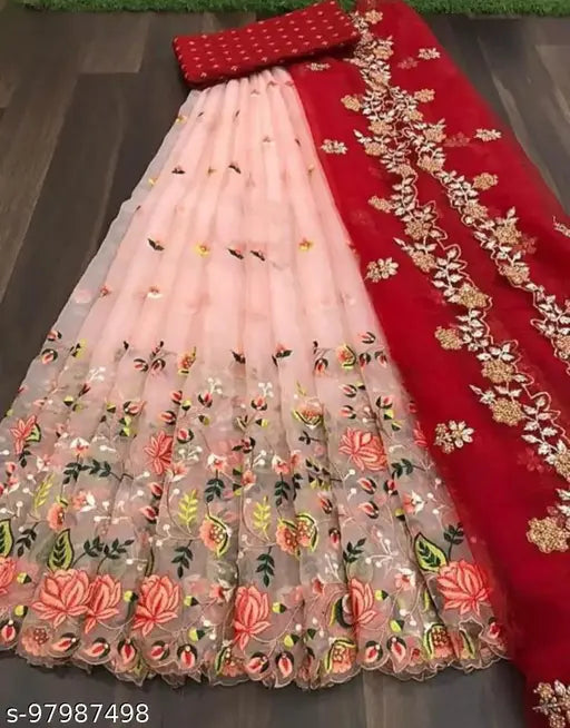 Embroidered cotton-net lehenga with choli and dupatta, free size, Indian embroidered attire on mannequin