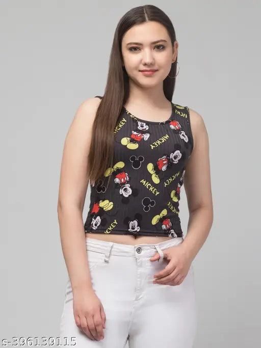 Printed net lycra crop top, sleeveless and round neck cut. Available in sizes S, M, and L from India