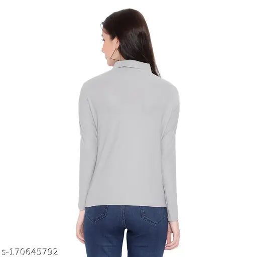 Solid lycra Polo neck T-shirt, pack of 2 for women's slim fit and trendy casual wear in sizes S, M, L, XL. Made with pop corn fabric for comfort and durability, ideal for any occasion. India origin