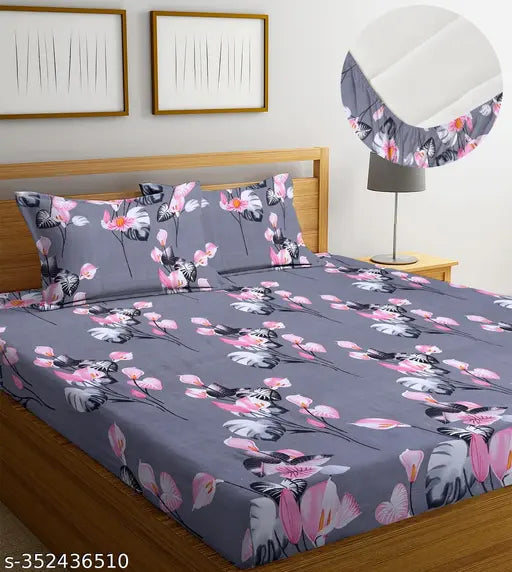 Luxury trends pink & grey floral cotton fitted king size double bedsheet with 2 pillow covers, superfine quality for summer use
