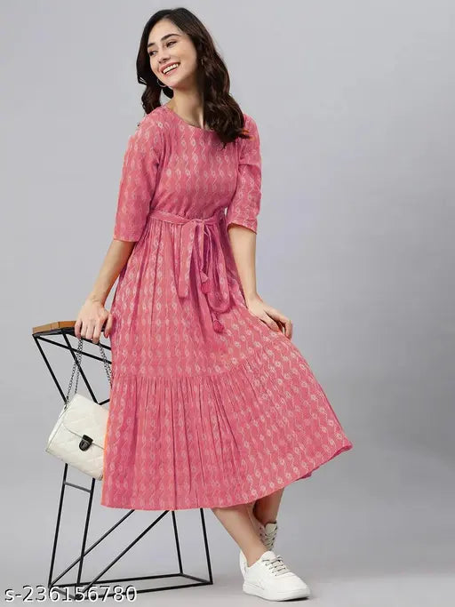Pink cotton maxi dress, short sleeves, V-neck