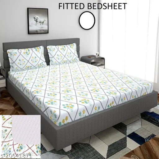 Cotton printed elastic fitted King Size double bedsheet with Jambo pillow covers, polycot blend for luxurious sleep, India-made quality