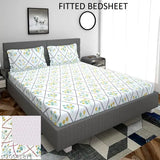 Cotton printed elastic fitted King Size double bedsheet with Jambo pillow covers, polycot blend for luxurious sleep, India-made quality