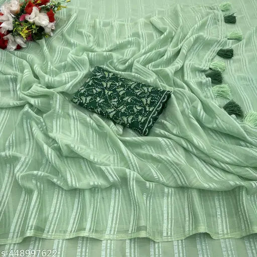 Striped chiffon saree with embroidered net blouse, free size, 5.5m long, made in India