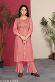 Silk A-Line kurta set with embroidered neck, sleeves, and bottom. Perfect fit for party & wedding wear. Trendy silk blend set with palazzo pants