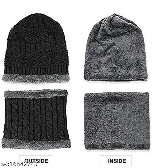 Black knit beanie, fuzzy inside, sold in set of two pairs