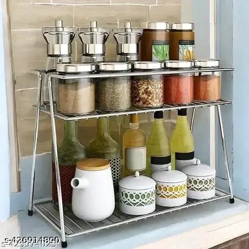 Stainless steel kitchen rack with storage, utensils, dishes and plates on