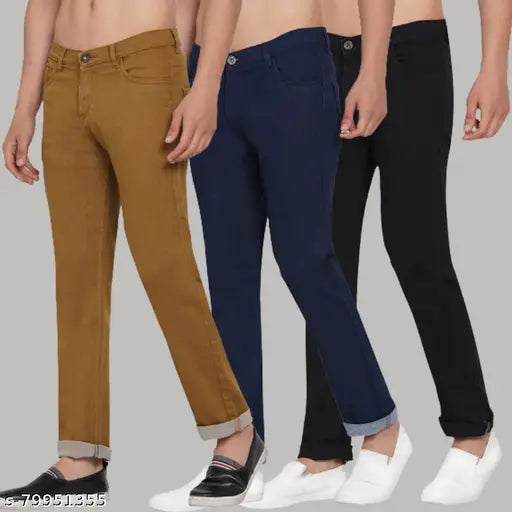 Solid black men's cotton jeans, slim fit with superior comfort and high stretchability, available in sizes 28-40