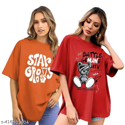 Orange oversized cotton blend round neck t-shirt for women, baggy fit, loose