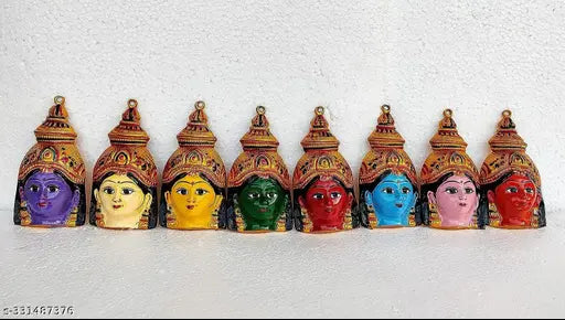 Metal Lakshmi face set (8 pieces, 6.5 inches each) for festivals and home altars, Indian God idol decor