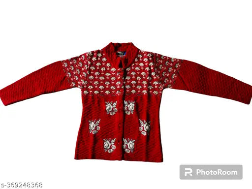 Embroidered long sleeve woolen cardigan, best quality for women. Handcrafted Indian wool sweater
