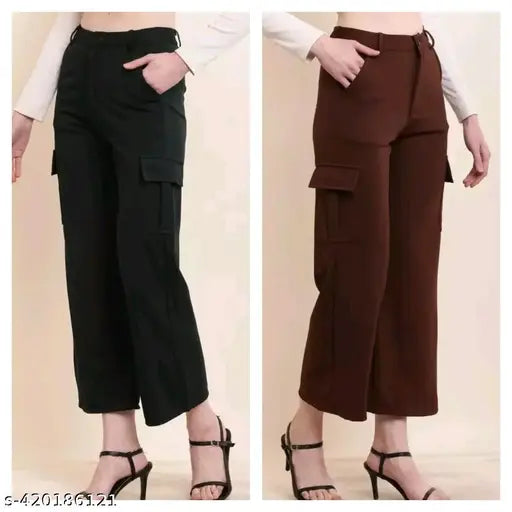 Two pairs of high-rise cargo pants with pockets - black on left, brown on right