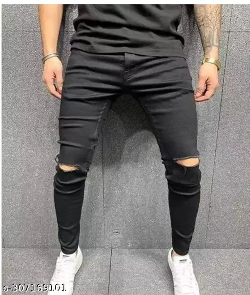 Cotton blend flaying men knee-slit black jeans DI2 - Solid black denim apparel for casual wear on model, available in sizes 28, 30, and 32