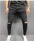 Cotton blend flaying men knee-slit black jeans DI2 - Solid black denim apparel for casual wear on model, available in sizes 28, 30, and 32
