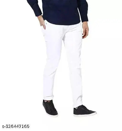 Men's white cotton blend jeans, slim fit, versatile and comfortable for casual or semi-formal occasions. Solid color enhances silhouette and gives a trendy look. Modern fit offers stylish comfort all day long. Ideal for pairing with a solid t-shirt or stylish shirt to create an effortless, contemporary style. Available in sizes 26 (waist 28in, length 38in), 30 (waist 30in, length 38in), 32 (waist 32in, length 38in), 34, 36. Origin: India