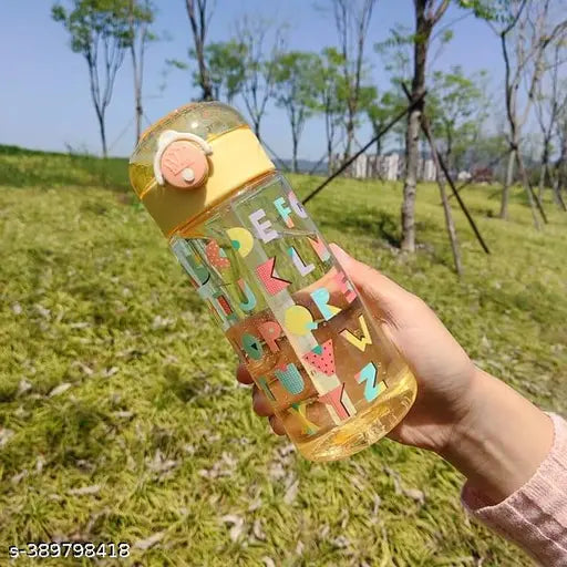 Multicolor push-button sipper water bottle for kids, ABCD theme, 450ml capacity, BIS/ISI certified, leak-proof, lightweight, China origin