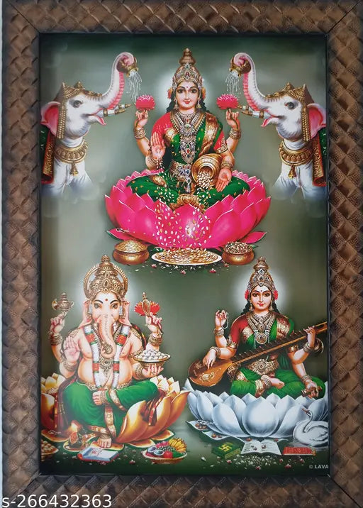 Synthetic resin Saraswati photo frame, 9 x 12 inches featuring Lakshmi Ganesha, Ganapathi, Saraswati – Indian deity decor