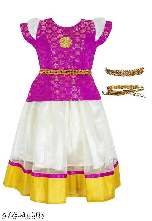 Trending South Style Printed Chanderi Silk & Colorblocked Satin Lehenga Choli, short sleeves, 6-7 years old, Indian origin