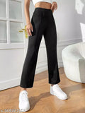 Black high-waisted bell-bottom pants with zip closure