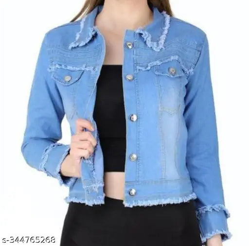 Denim women's jacket, long sleeves, dyed/washed. Winter wear for ladies, size options S-XL. Made in India