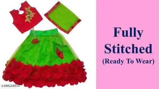 Embroidered cotton blend lehenga choli dupatta set for girls, fully stitched in net fabric with floral design, India origin