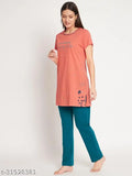 Orange cotton women's pyjamas suit by Bell Paper, printed with floral net design for dreamy comfort