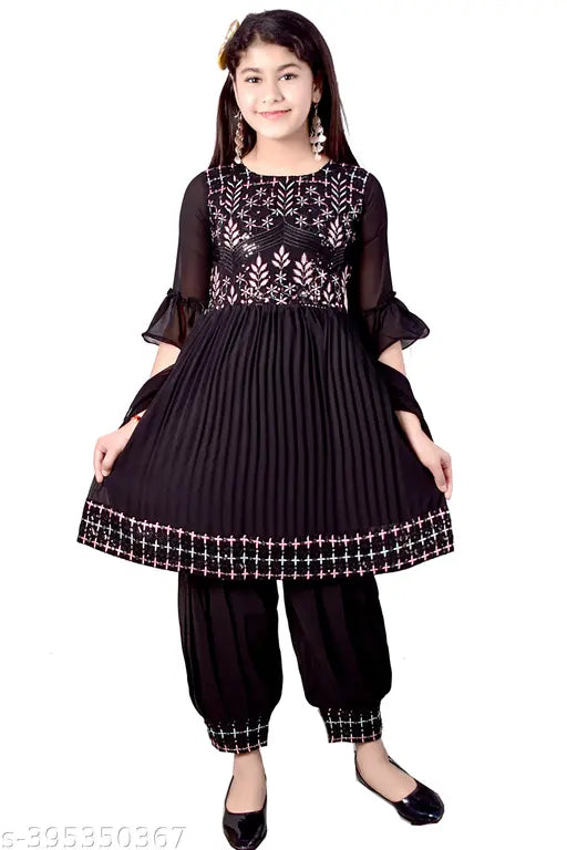 Three-Quarter sleeves kids dresses, good quality georgette fabric. Self-designed Indian kids wear for cute girls aged 3-11 years