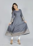 Grey rayon printed Anarkali kurti by Faheeman Garments, perfect for women's fashion events and outings in S, M, XL, XXL sizes. Stunning gold print design on long sleeves. Handcrafted in India