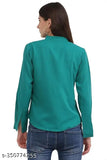 Jade green poly crepe formal top with notched neckline and full cuff sleeves for women, solid pattern on display