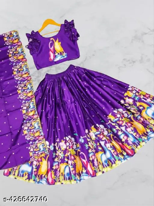 kids satin lehengha choli set with floral print, sleeveless, available in various sizes from 0-12 years old, Indian origin