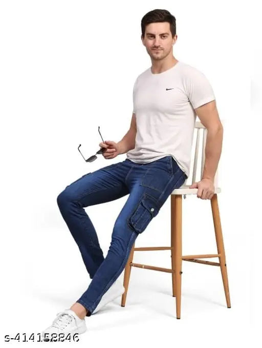 Blue denim cargo pants with six pockets, men's casual wear